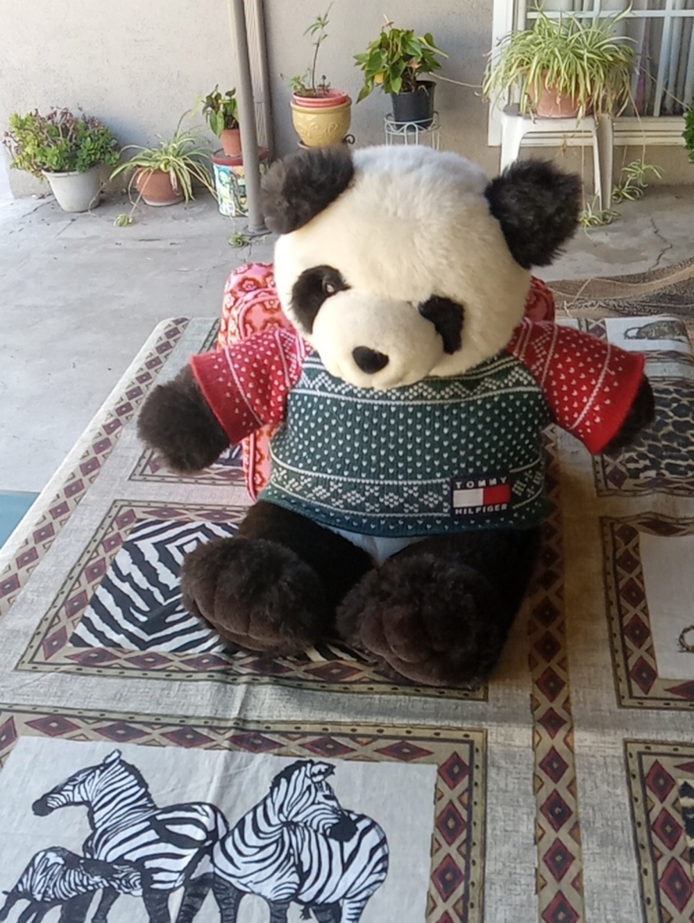 Tommy Hilfiger Plush Panda Toy - White & Black with Red & Green Sweater